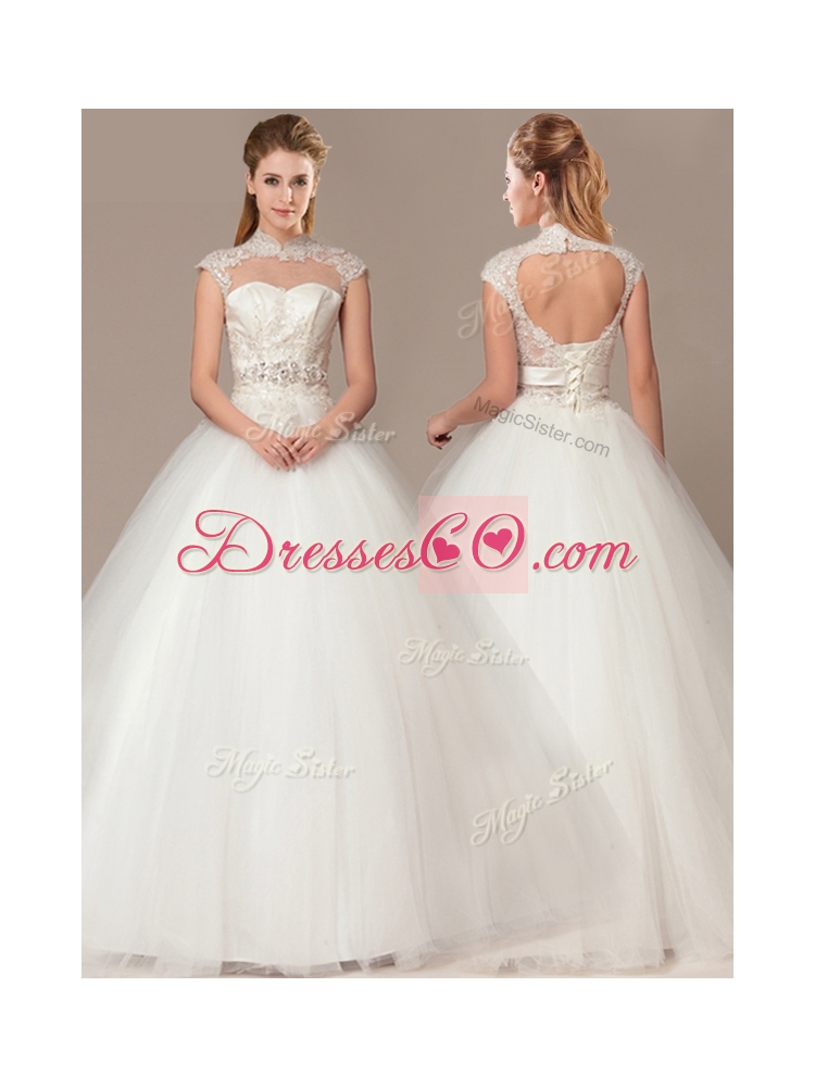 See Through Beaded Decorate Waist High Neck Shade Back Wedding Dress with Appliques