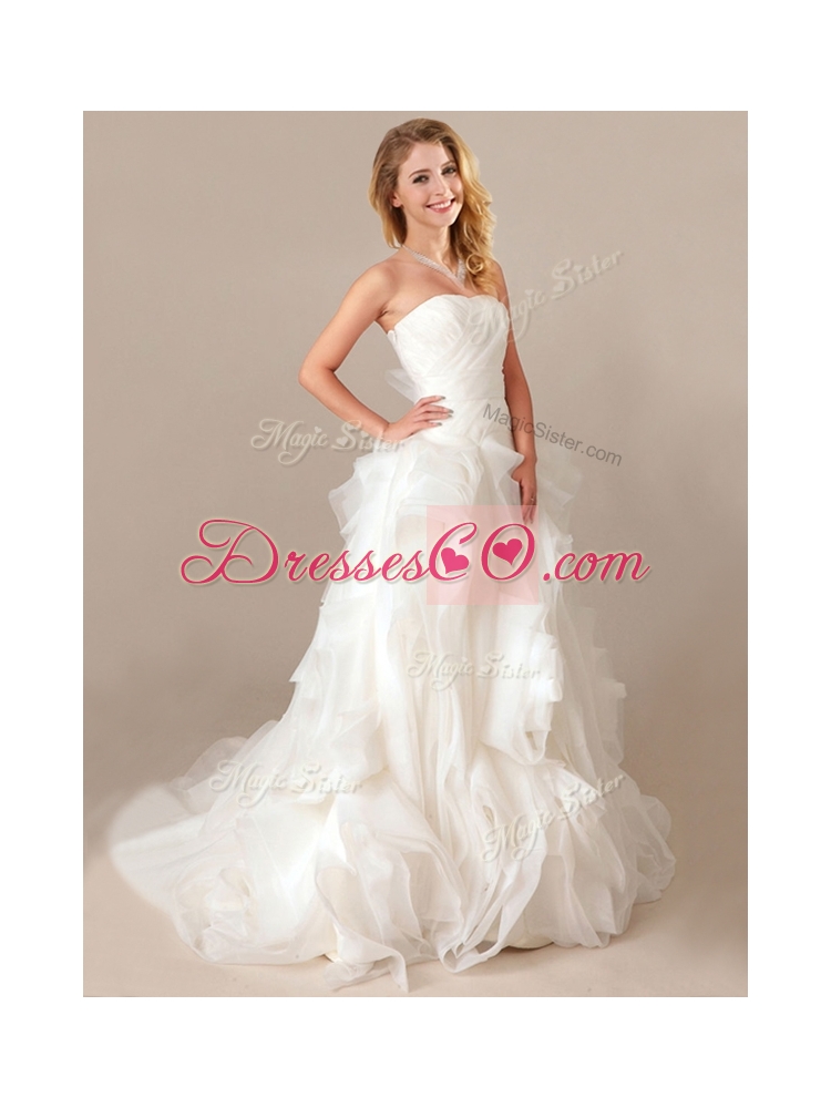 Simple Ball Gown Ruched and Rolling Flowers Wedding Dress with Brush Train