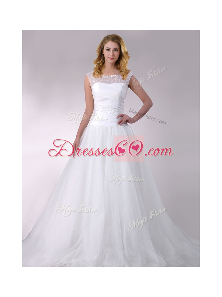 Wonderful A Line Scoop Court Train Tulle Wedding Dress with Beading