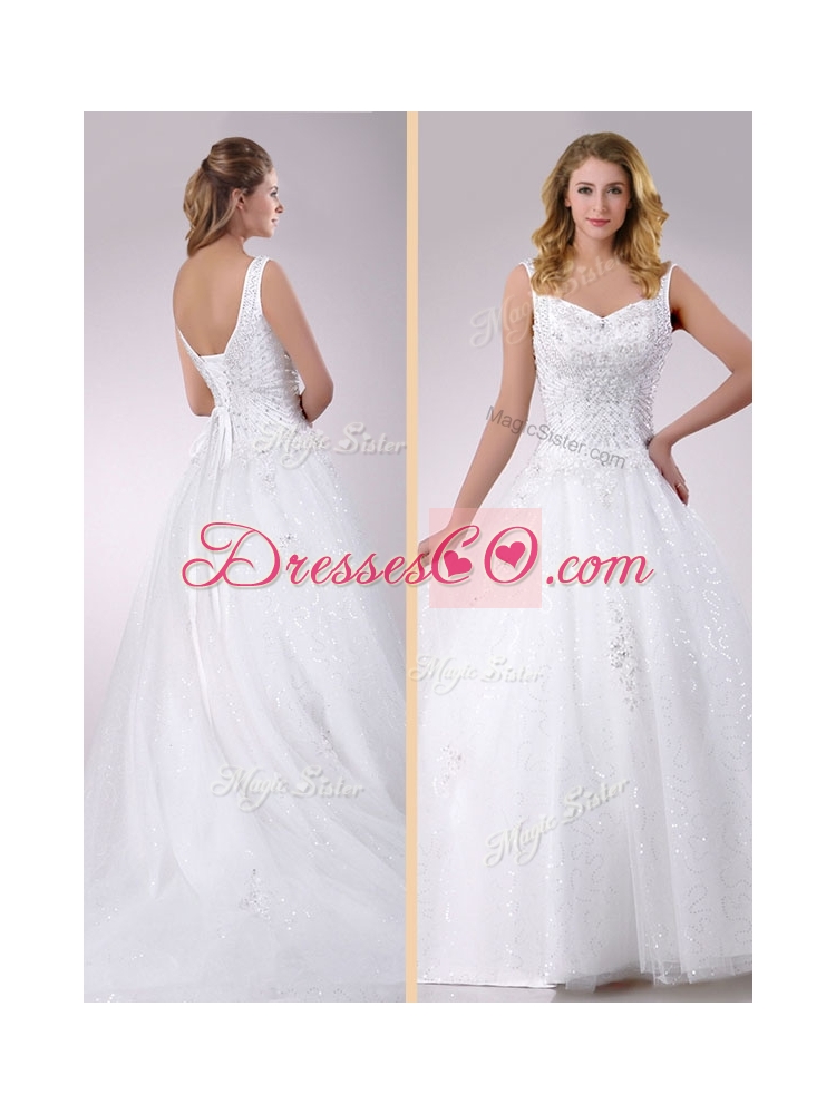 Classical Straps Beaded Tulle Wedding Dress with Court Train