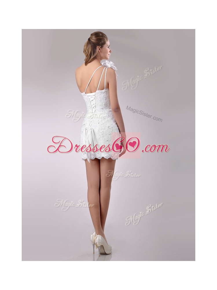 Wonderful One Shoulder Lace Short Wedding Dress with Beading