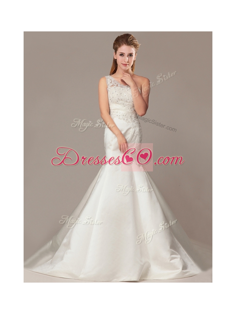 Beaded Decorate Shoulder Mermaid Wedding Dress with Court Train