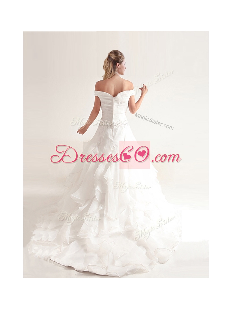 Beautiful A Line Off the Shoulder Wedding Dress with Beading and Ruffles