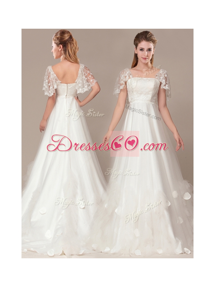 Beautiful Square Laced and Applique Wedding Dress with Brush Train
