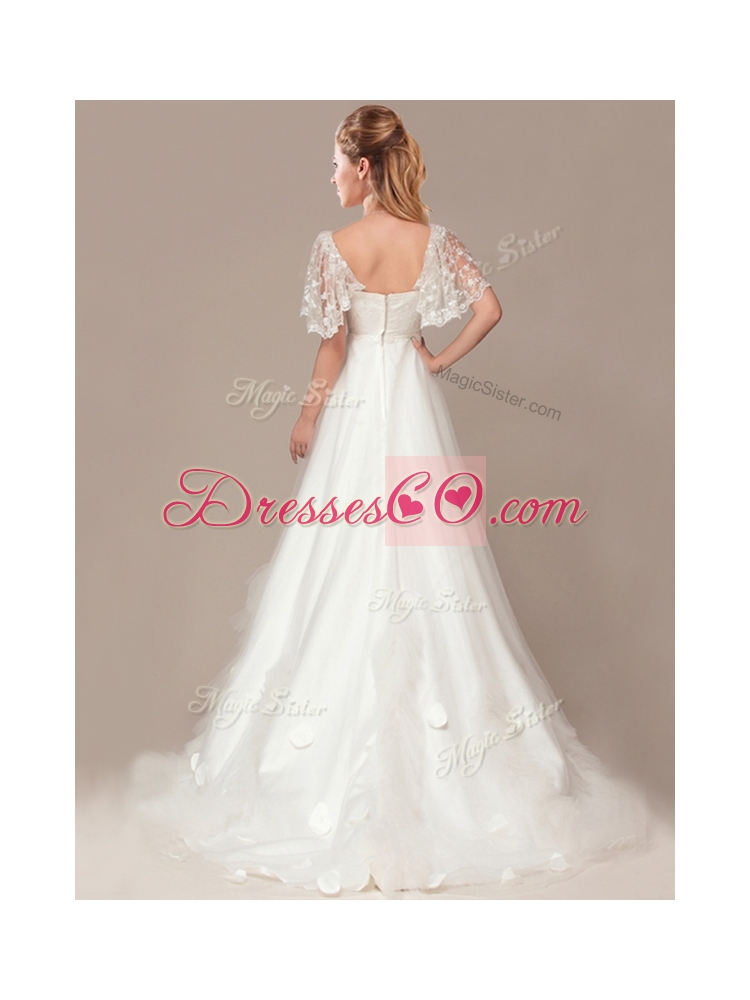 Beautiful Square Laced and Applique Wedding Dress with Brush Train
