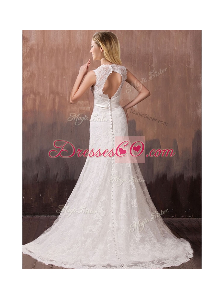 Classical Mermind V Neck Lace and Sashes Wedding Dress with Shade Back