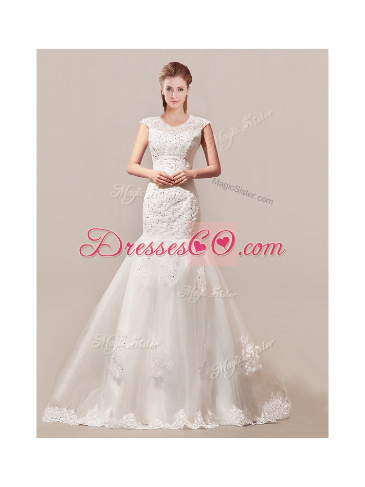 Decent Column Button Up Wedding Dress with Beading and Lace for