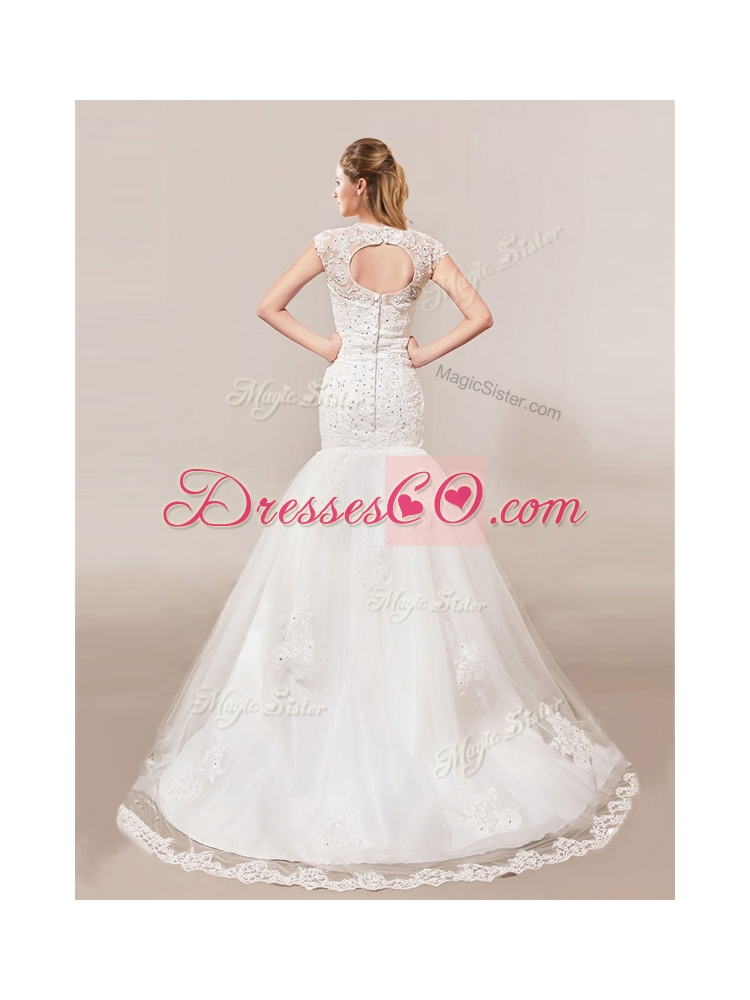 Decent Column Button Up Wedding Dress with Beading and Lace for