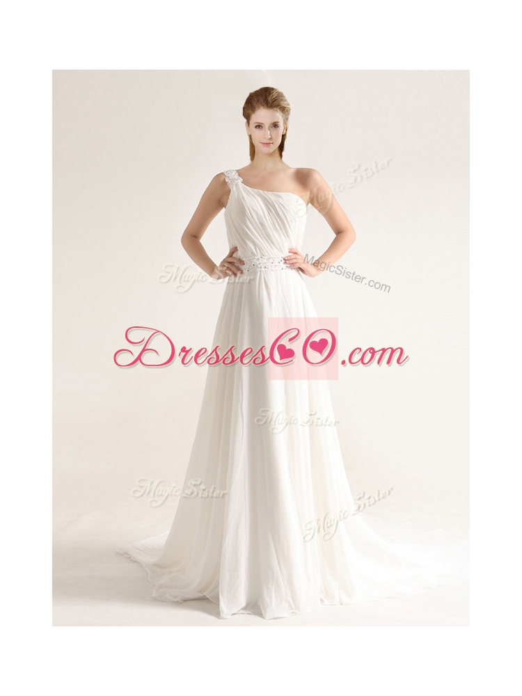 Elegant One Shoulder Court Train Wedding Dress with Beading and Ruching