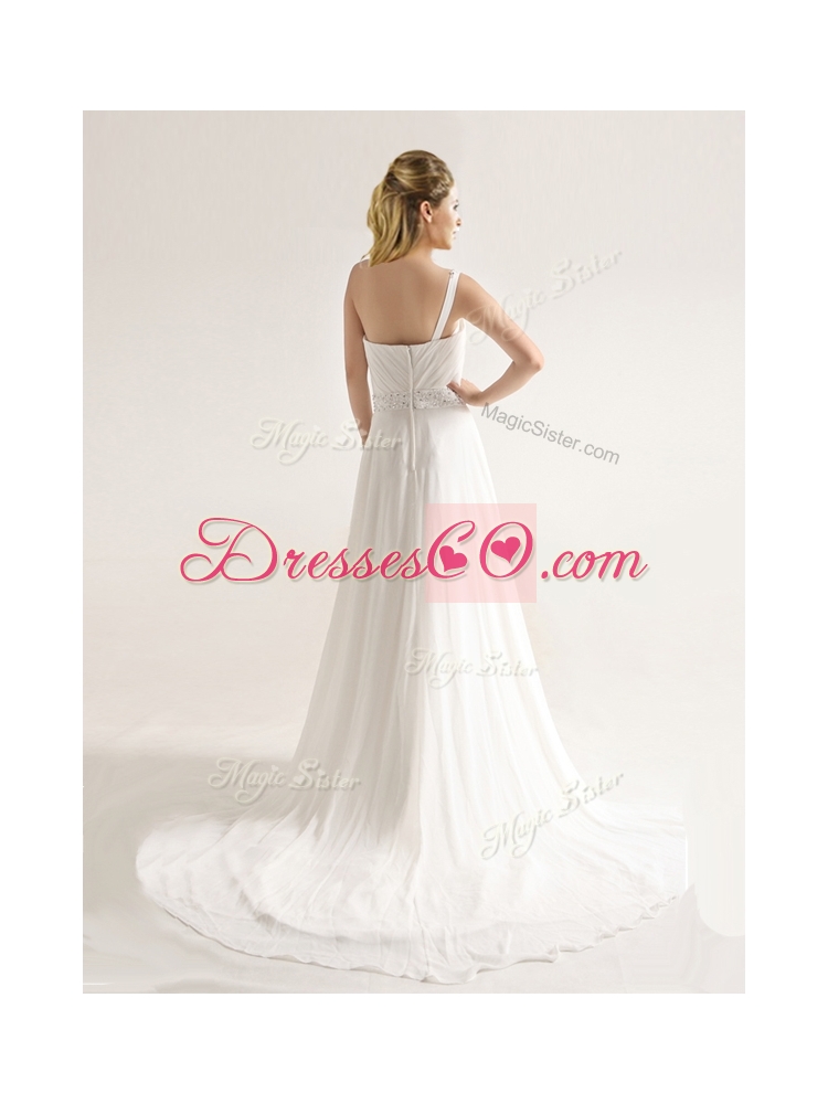 Elegant One Shoulder Court Train Wedding Dress with Beading and Ruching
