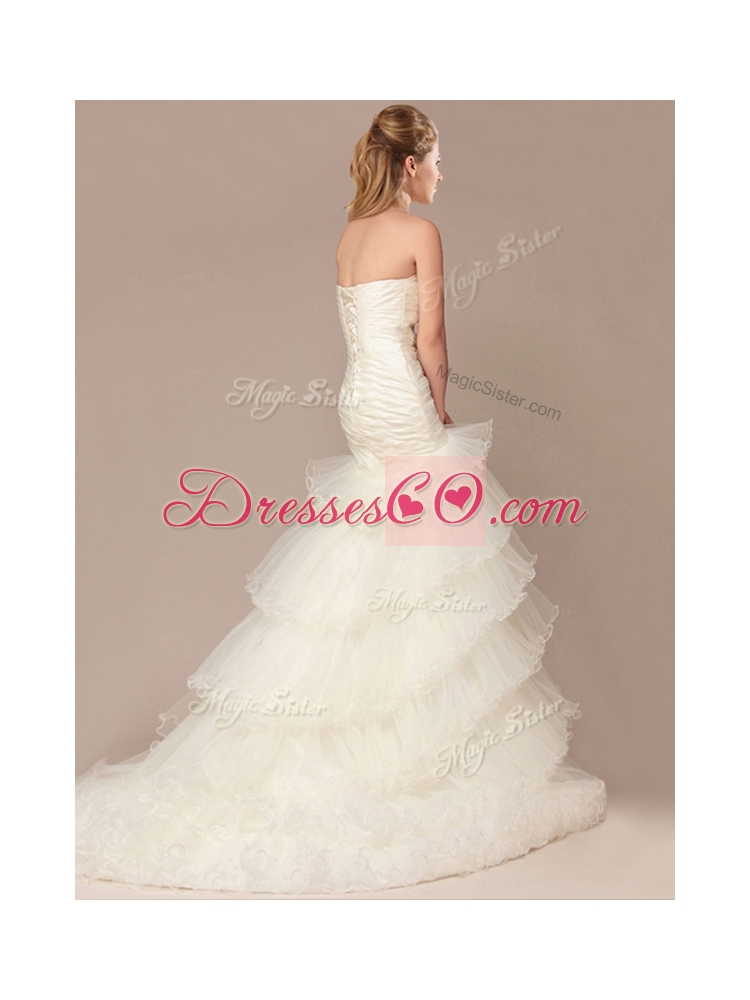 Exquisite Mermaid Beading and Ruffles Layers Wedding Dress with Brush Train
