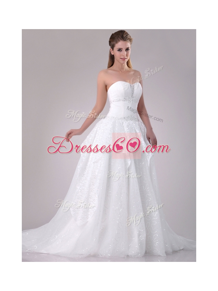 Fashionable A Line Strapless Sequined Wedding Dress in Tulle for