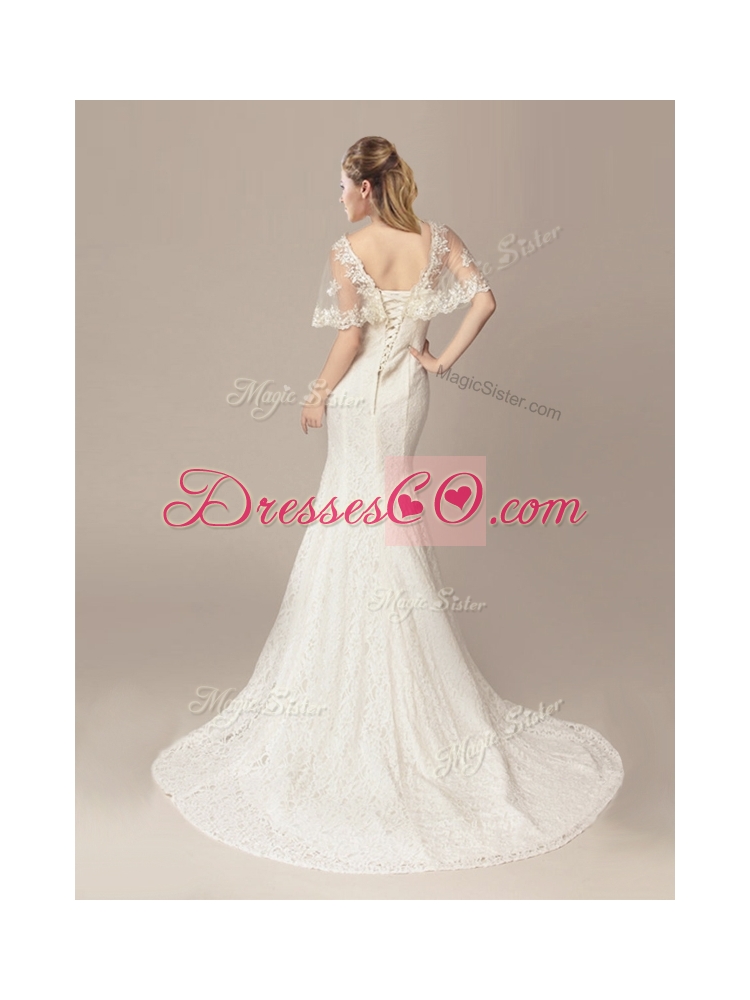 Gorgeous Mermaid V Neck Court Train Short Sleeves Wedding Dress with Lace and Appliques