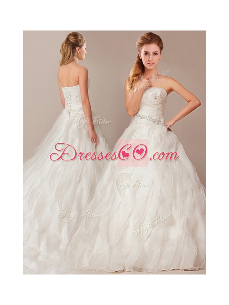 Latest A Line Brush Train Wedding Dress with Beading and Ruffles