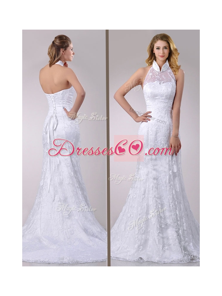 Latest Halter Top Mermaid Lace Wedding Dress with Brush Train for