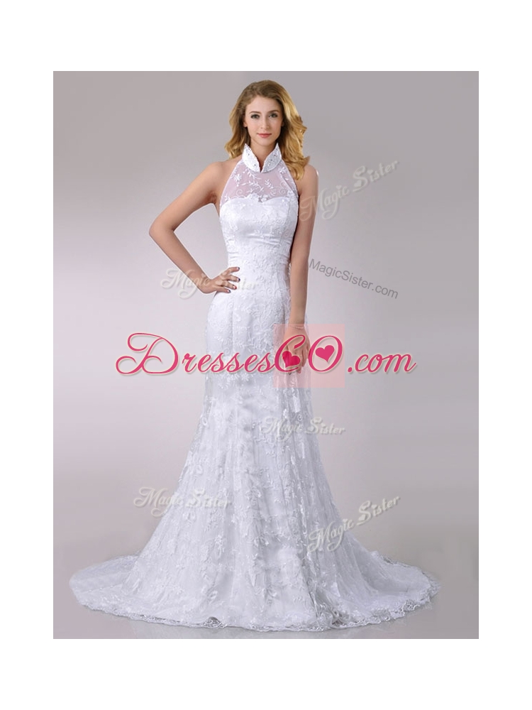 Latest Halter Top Mermaid Lace Wedding Dress with Brush Train for