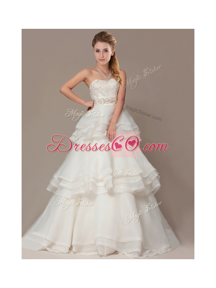 Lovely A-line Brush Train Wedding Dress with Beading and Ruffles Layers
