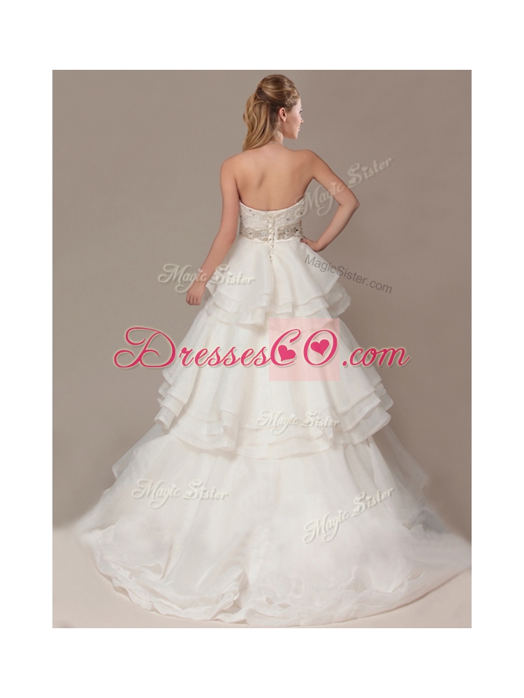 Lovely A-line Brush Train Wedding Dress with Beading and Ruffles Layers