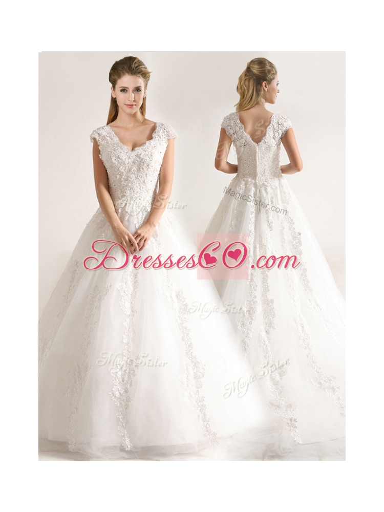 New Style A Line Tull Short Sleeves Wedding Dress with Beading and Appliques