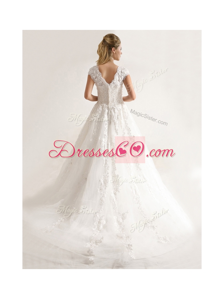 New Style A Line Tull Short Sleeves Wedding Dress with Beading and Appliques