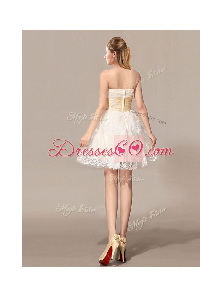 Pretty Chamagne Mini Length Wedding Dress with Bowknot and Embroidery