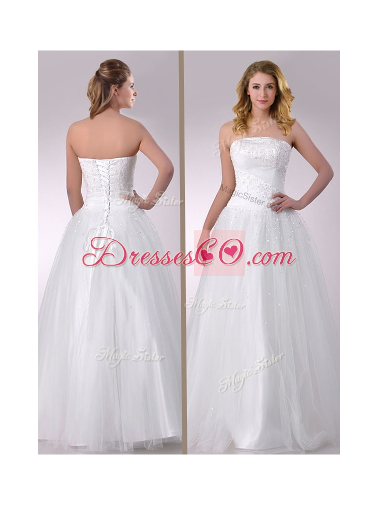 Sophisticated A Line Strapless Beaded Wedding Dress in Tulle for