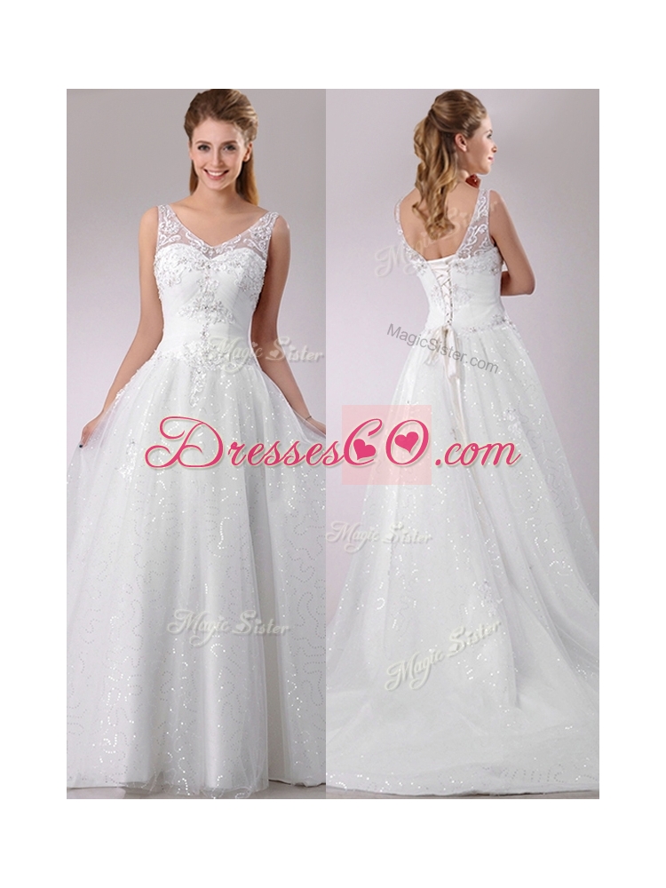 The Super Hot A Line V Neck Court Train Beaded Wedding Dress in Tulle