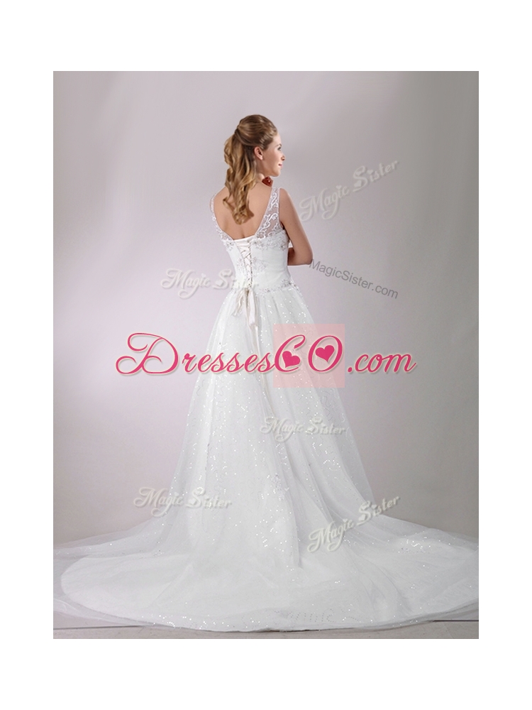 The Super Hot A Line V Neck Court Train Beaded Wedding Dress in Tulle
