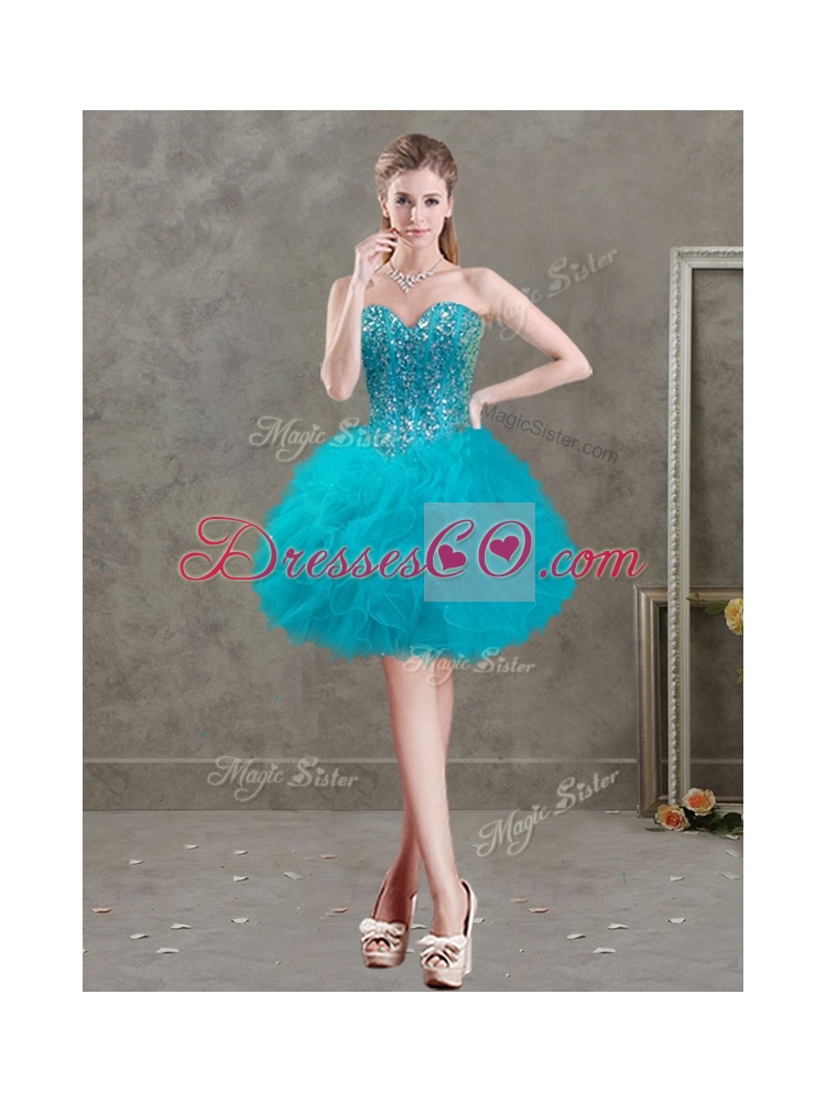 New Arrivals Beaded and Ruffled Teal Detachable Quinceanera Dress in Organza