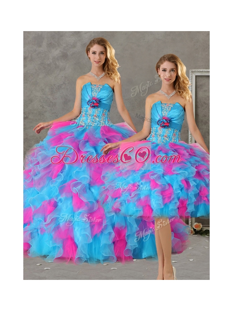 Romantic Hand Made Flowers and Ruffled Big Puffy Detachable Quinceanera Dress in Blue and Pink