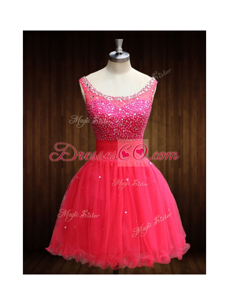 Elegant Beaded Bodice Open Back Organza Prom Dress in Coral Red