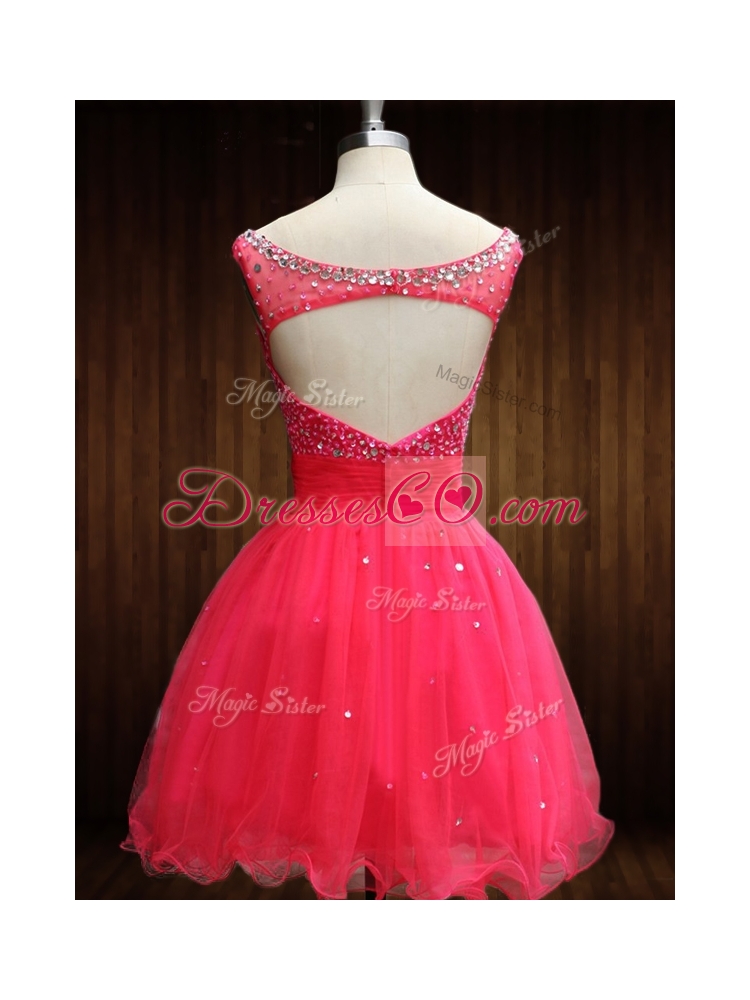 Elegant Beaded Bodice Open Back Organza Prom Dress in Coral Red