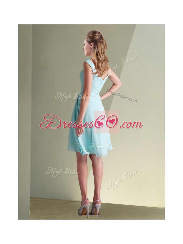 Lovely Chiffon Off the Shoulder Aqua Blue Bridesmaid  Dress with Ruching