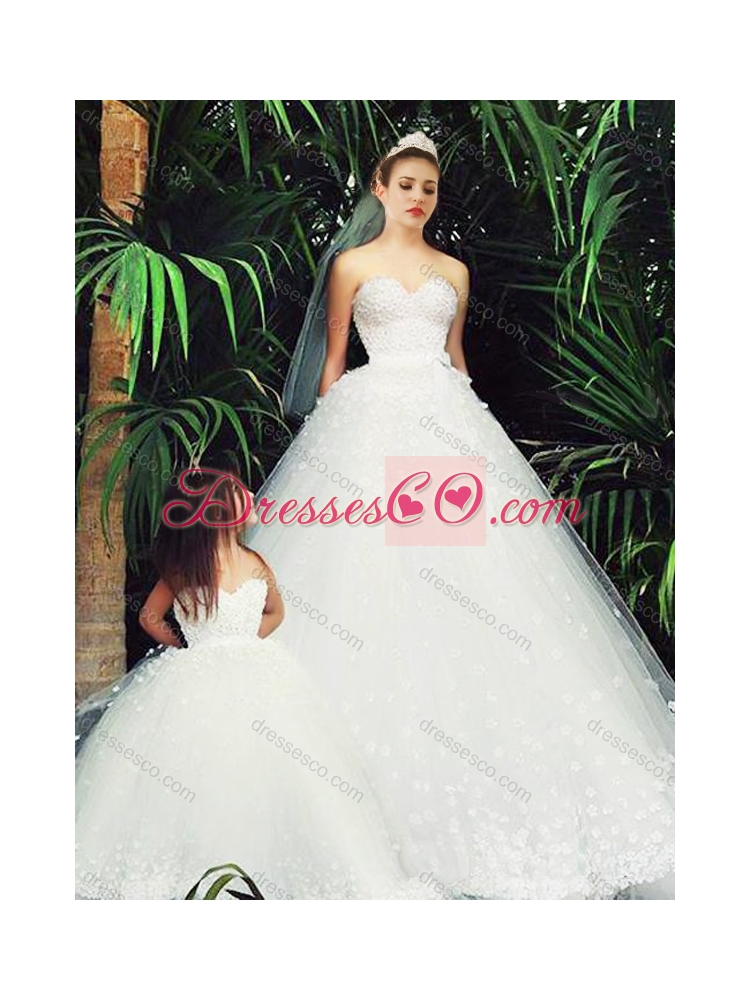 Latest A Line Wedding Dress with Appliques and New Style Applique Flower Girl Dress in White