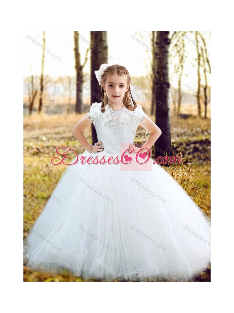 Latest See Through Long Sleeves Wedding Dress with Appliques and Lovely Big Puffy Flower Girl Dress with Hand Made Flowers