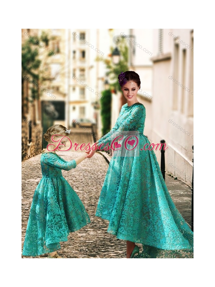 New Style Long Sleeves Prom Dress with Lace and Modest High Low Little Girl Dress with Half Sleeves
