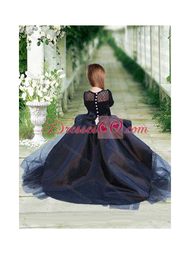 Fashionable High Low Navy Blue Prom Dress with Bateau and Gorgeous See Through 3/4 Length Sleeves Little Girl Dress with Scoop and New Style High Low Tobbler Dress with Long Sleeves