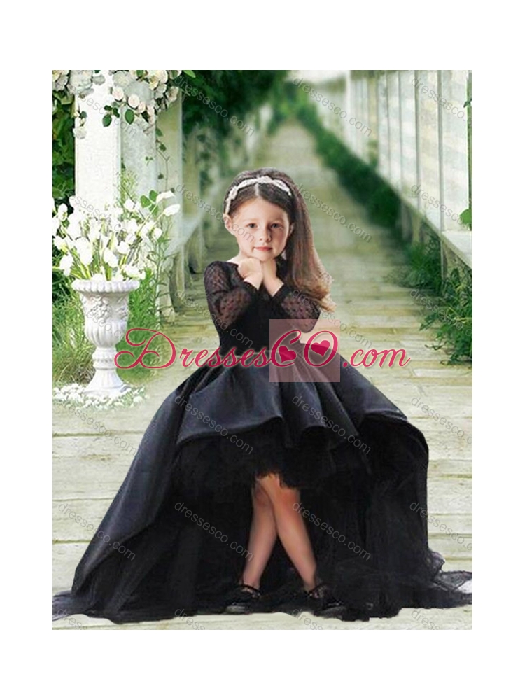 Fashionable High Low Navy Blue Prom Dress with Bateau and Gorgeous See Through 3/4 Length Sleeves Little Girl Dress with Scoop and New Style High Low Tobbler Dress with Long Sleeves