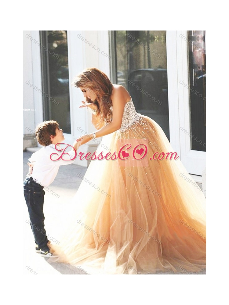 New  Style Beaded Prom Dress with Brush Train and Cheap Little Girl Dress with Beading