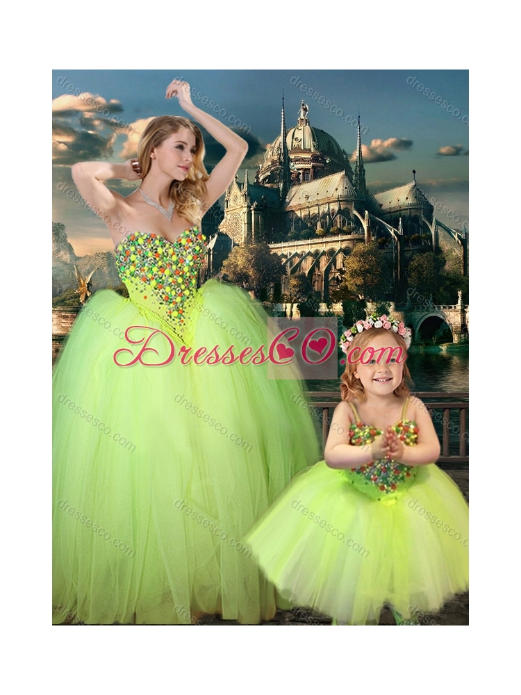 New Style Beaded Really Puffy Prom Dress in Yellow Green and Classical Spaghetti Straps Little Girl Dress with Beading