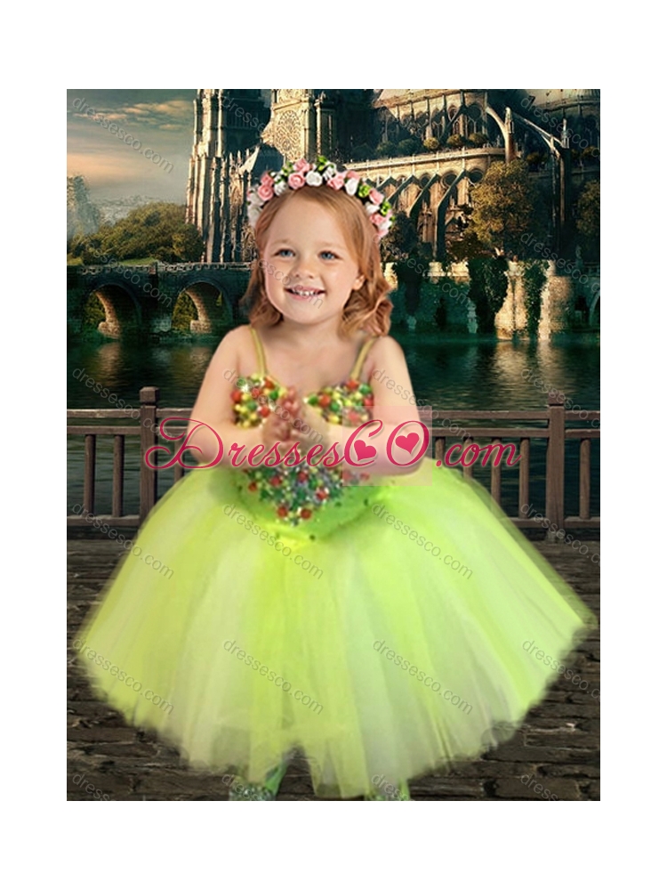 New Style Beaded Really Puffy Prom Dress in Yellow Green and Classical Spaghetti Straps Little Girl Dress with Beading