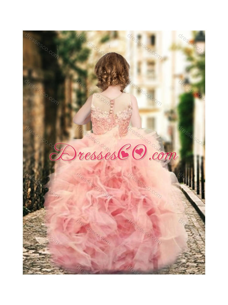 New Style Column Long Sleeves Prom Dress with Brush Train and Affordable Ruffled and Laced Little Girl Dress in Watermelon Red