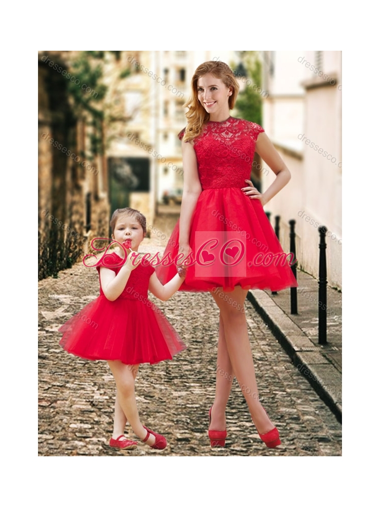 New Style High Neck Backless Prom Dress in Red and Beautiful Mini Length Little Girl Dress with Cap Sleeves