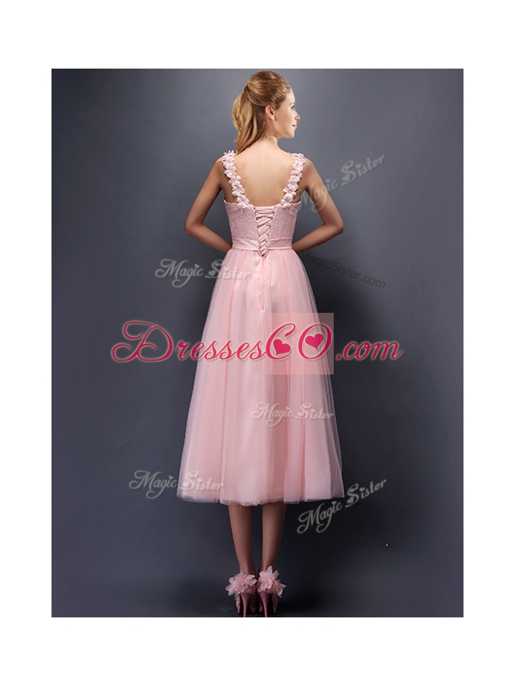 Classical Straps Baby Pink Bridesmaid Dress with Appliques and Hand Made Flowers