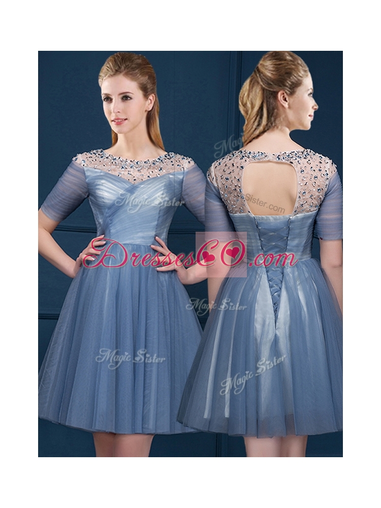 Exclusive Scoop Short Sleeves Beading Bridesmaid Dress in Navy Blue