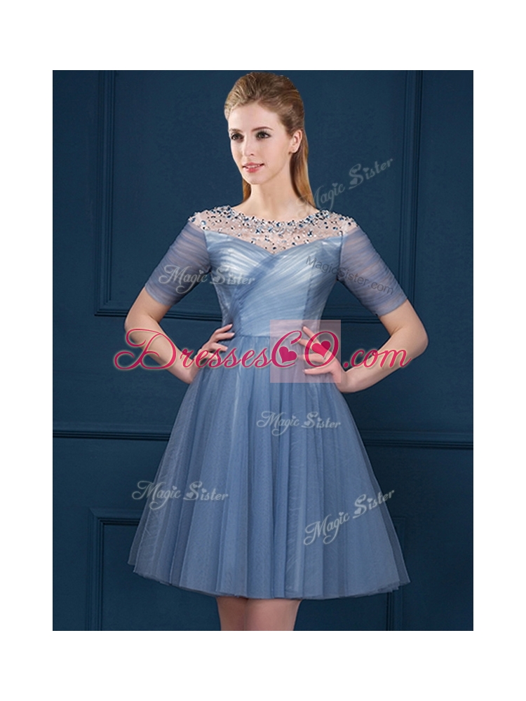 Exclusive Scoop Short Sleeves Beading Bridesmaid Dress in Navy Blue