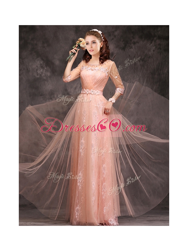 Exquisite See Through Applique and Laced Long Bridesmaid Dress in Peach