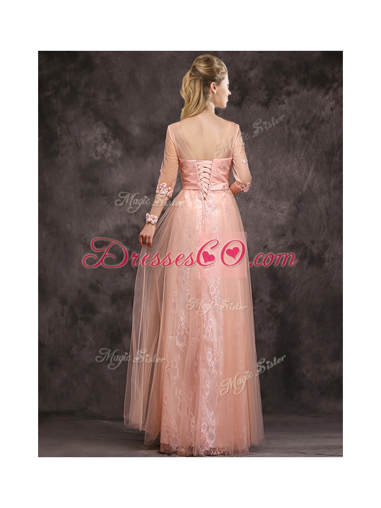 Exquisite See Through Applique and Laced Long Bridesmaid Dress in Peach