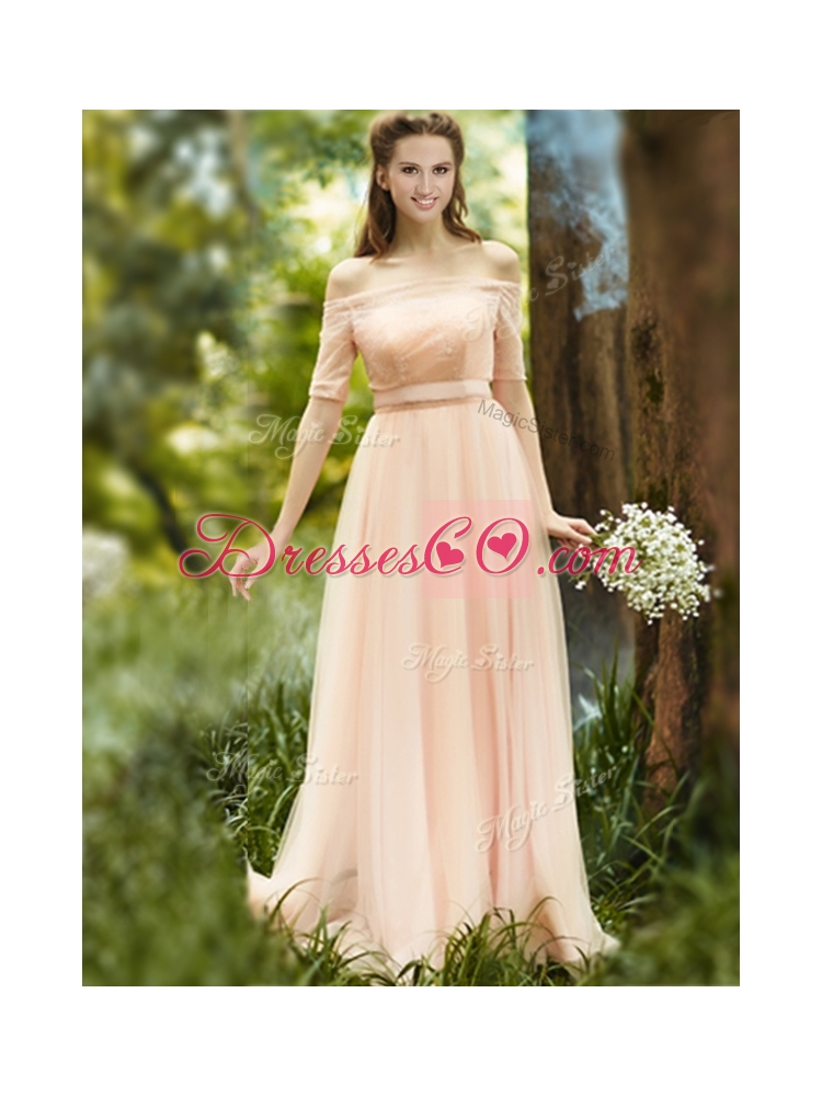 Fashionable Off the Shoulder Half Sleeves Bridesmaid Dress with Ribbons