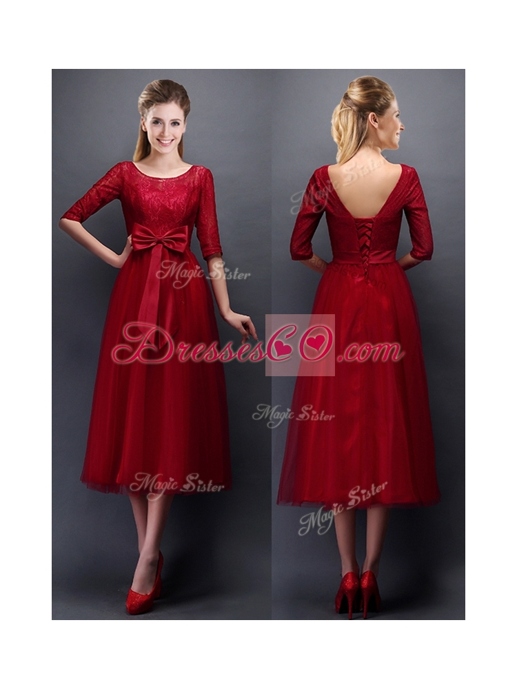 Gorgeous Scoop Half Sleeves Bowknot Bridesmaid Dress in Wine Red